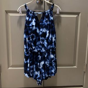 Aqua Green Blue Floral Tie Dye High Neck Swim Romper with Pockets